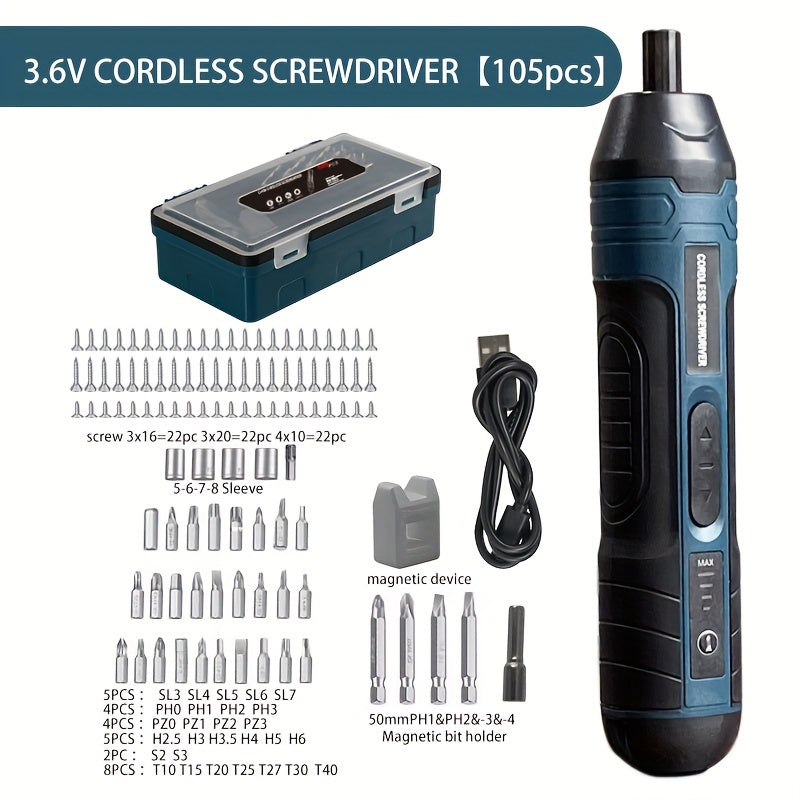 ZENTRO™ 3.6V Cordless Electric Screwdriver Set - USB Rechargeable with 4 Torque Settings.